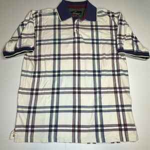 Duck Head Polo Shirt Mens Medium White Blue Plaid Short Sleeve Golf Tour Vintage